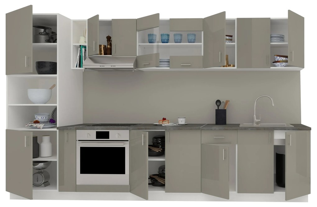 Set Bucatarie Karo V33, Gri Lucios/Alb, MDF, Blat Thermo 28 mm, L 340 cm