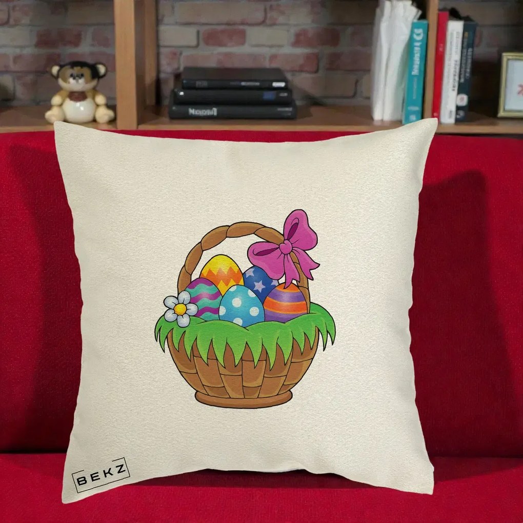 Perna Decorativa Cos cu Oua de Pasti Colorat, 40x40 cm, Ecru, Husa Detasabila, Perna Inclusa, BEKZ®