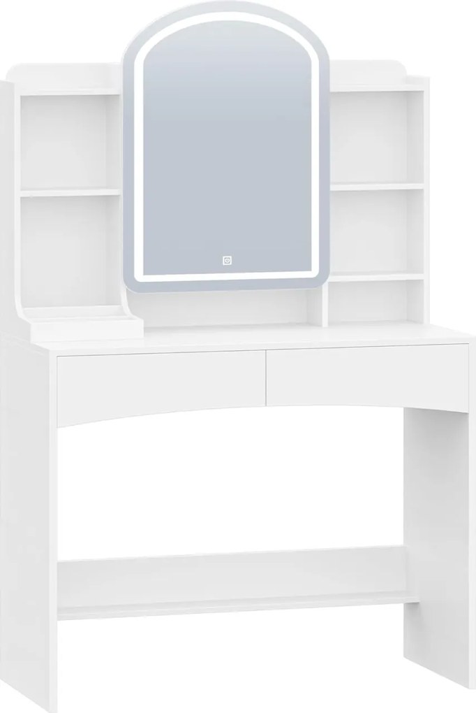 Masuta machiaj cu Oglinda LED si 2 Sertare pentru Cosmetice, Set Masa toaleta 90 cm, Alb, masuta cosmetica, vanity - SEA910