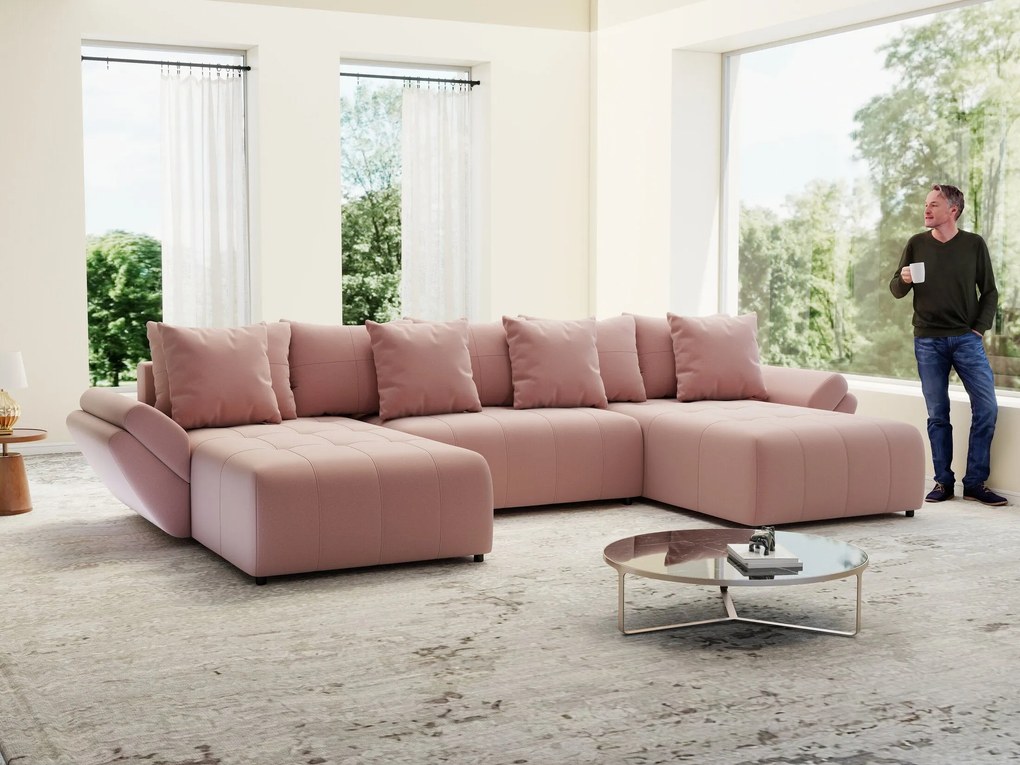 Colțar extensibil dumonde cu ladă de depozitare si sezut confortabil din spuma high-density, Berlin U Royal Roz 380x180 cm