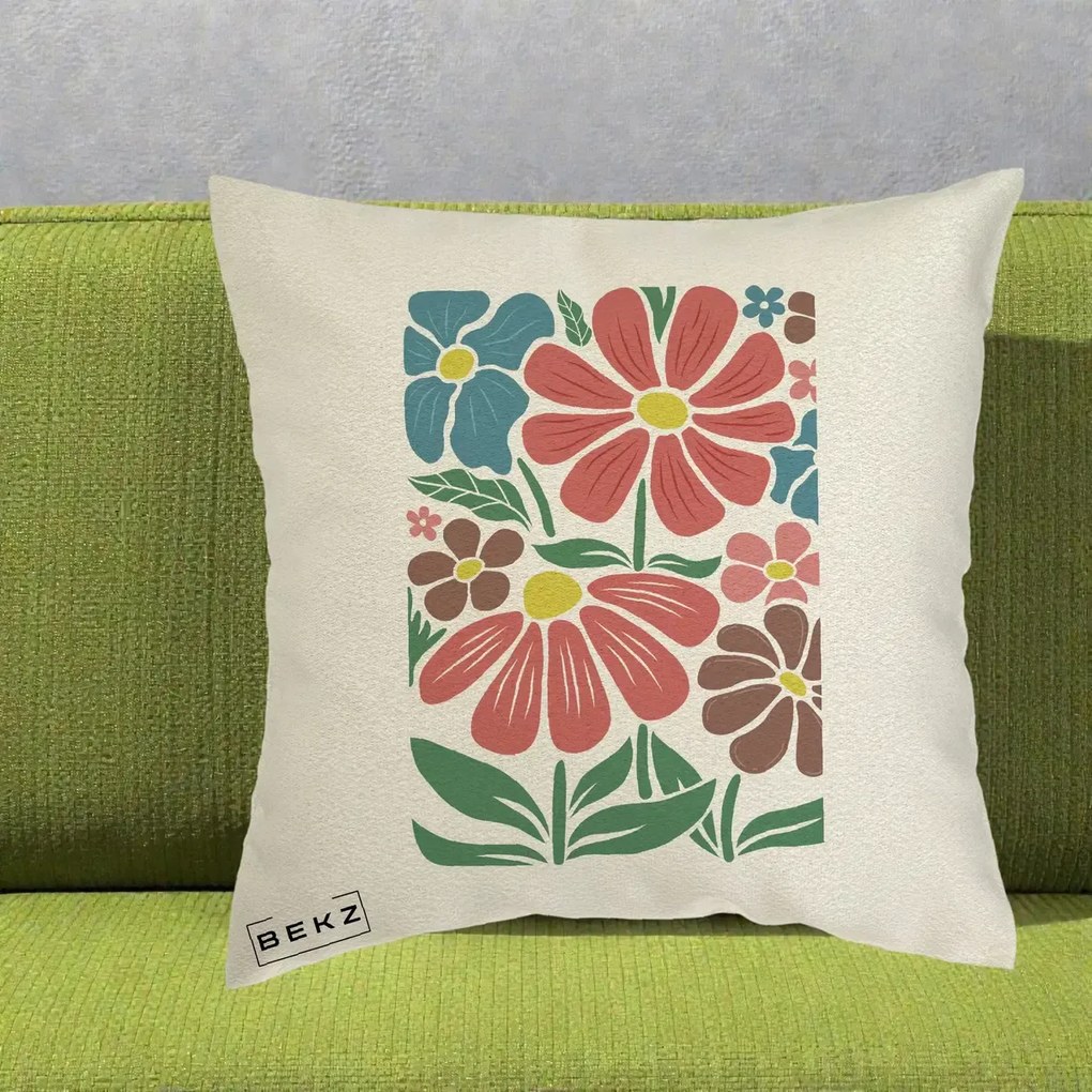 Perna Decorativa Flori Grafice Colorate Retro, 40x40 cm, Ecru, Husa Detasabila, Perna Inclusa, BEKZ®