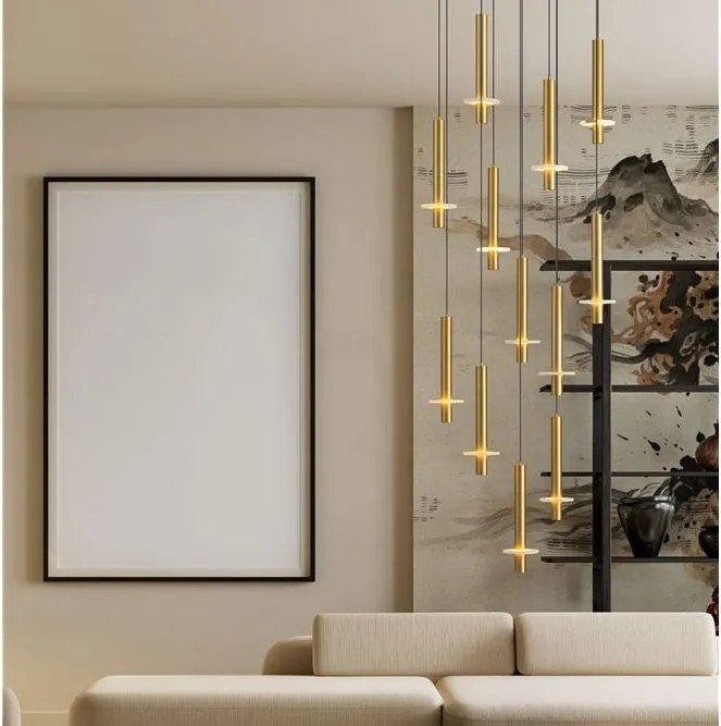 Lustra cu 12 Pendule tub subtire aluminiu auriu si alabastru LED NOEMI