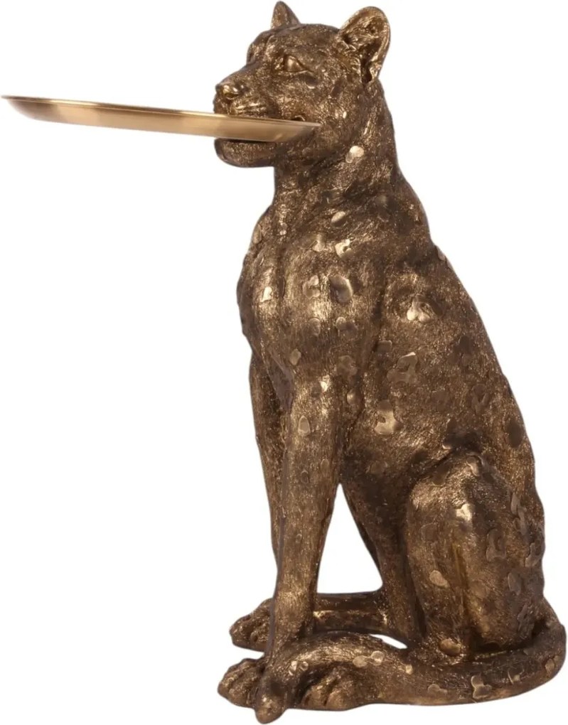 Statuetă decorativă din polirășină, auriu, leopard așezat cu tavă rotundă, finisaj antichizat, 62 x 56,5 x 36,5 cm, „Onyx”