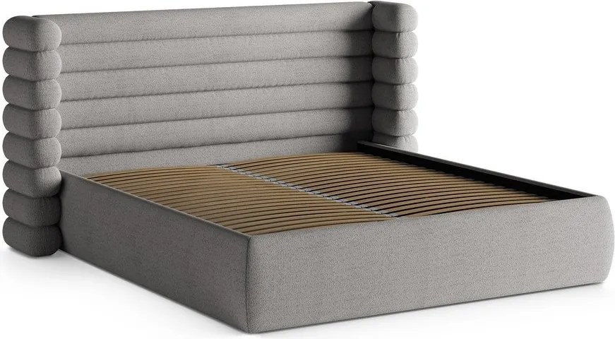Pat matrimonial gri tapițat cu spațiu de depozitare cu somieră 200x200 cm Mount – Micadoni