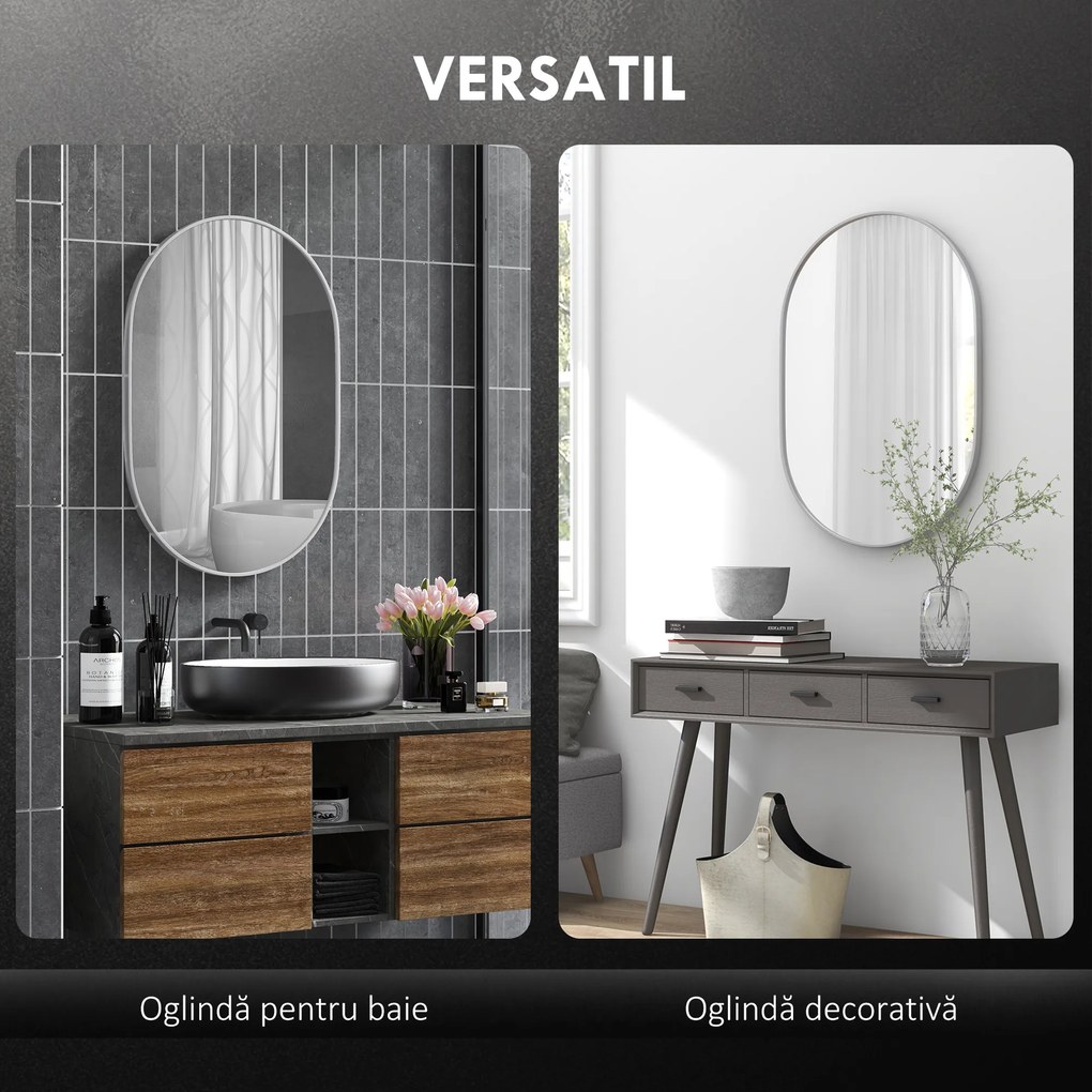 HOMCOM Oglindă Ovală pentru Baie, Oglindă Modernă de Perete cu Rama din Aluminiu și Montaj Vertical sau Orizontal, 60x90 cm, Argintiu | Aosom Romania