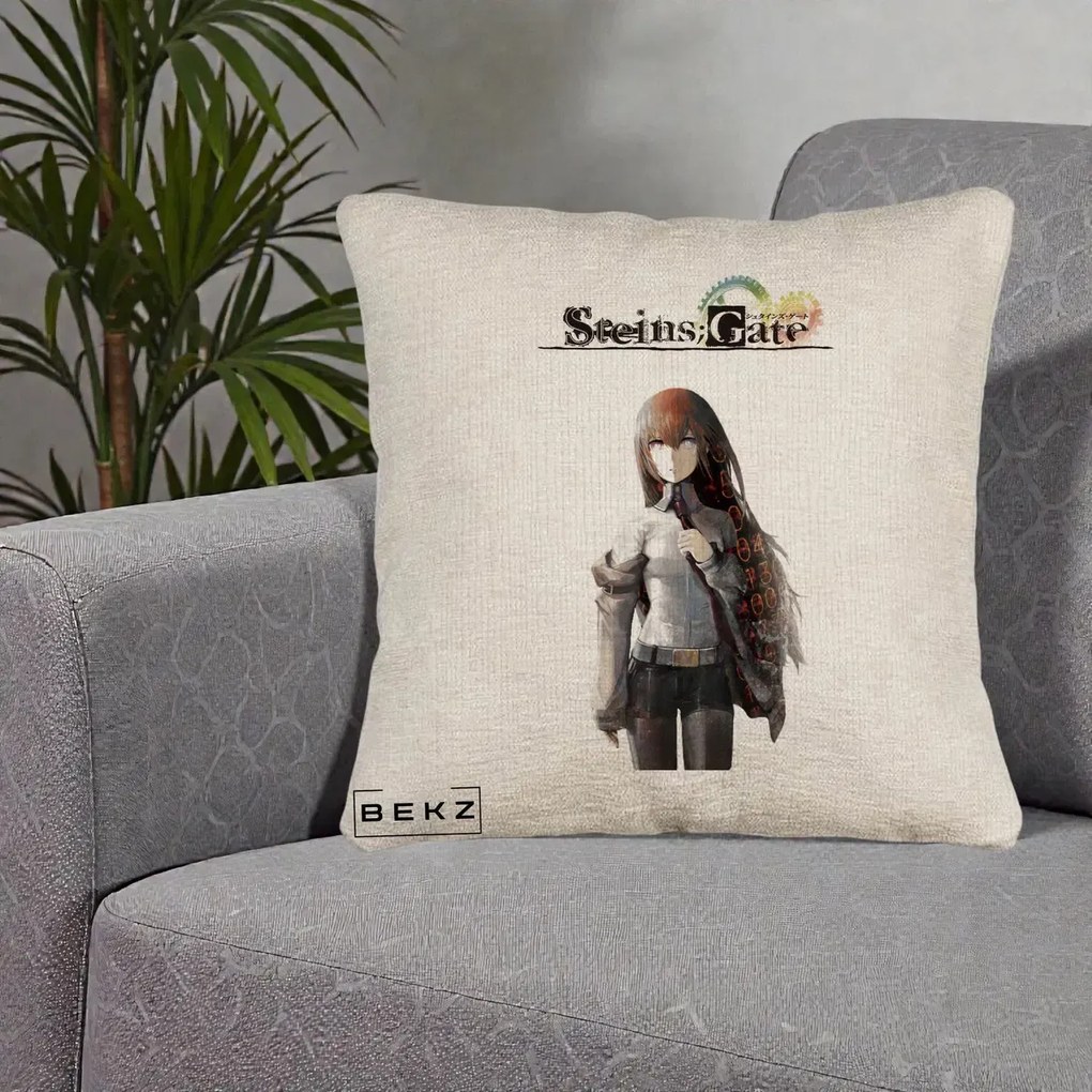 Perna Personalizata Steins Gate Kurisu Makise Anime, 40x40 cm, Bej Canapea, Husa Detasabila, Perna Inclusa, BEKZ®
