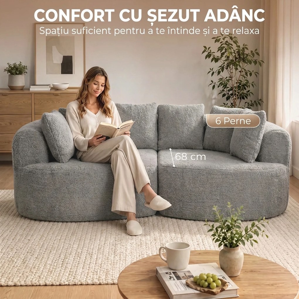 HOMCOM Canapea 3 locuri fără cadru, cu șezut amplu, 6 perne, design curbat, din chenille, gri deschis | Aosom Romania