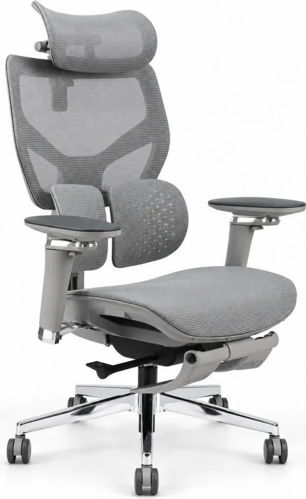 Scaun ergonomic ANEW ARYSE D6, Suport lombar dublu adaptiv 360°, Cotiere 5D, Tetieră 3D, Șezut mesh, Mecanism sensibil la greutate, Bază cromată, Suport pentru picioare, Gri