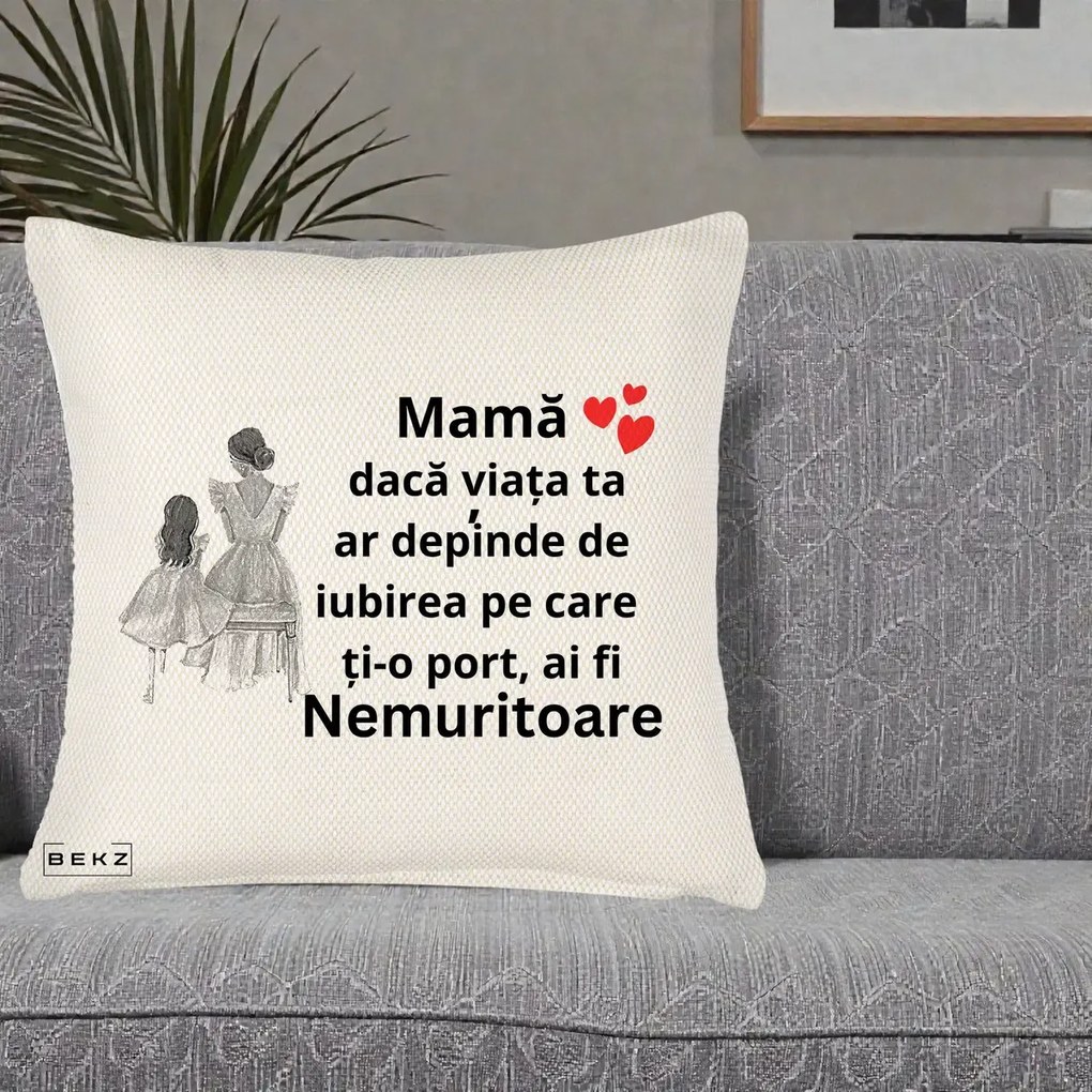 Cadou pentru Mama - Perna Personalizata Mama Nemuritoare Line Art, 40x40 cm, Crem Reliefat, Husa Detasabila, Perna Inclusa, BEKZ®