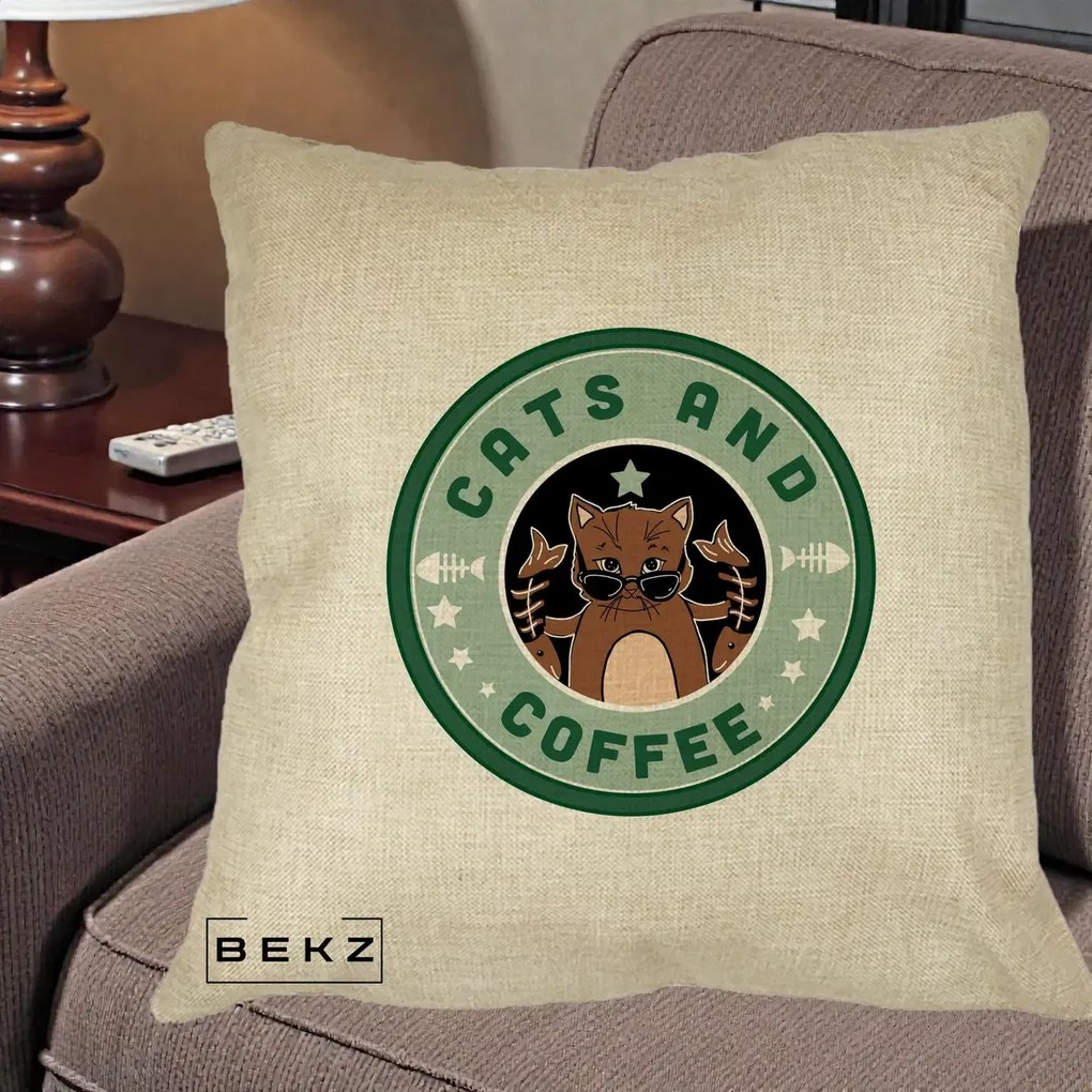 Perna Personalizata Cats and Coffee Starbucks, 40x40 cm, Crem, Husa Detasabila, Perna Inclusa, BEKZ®