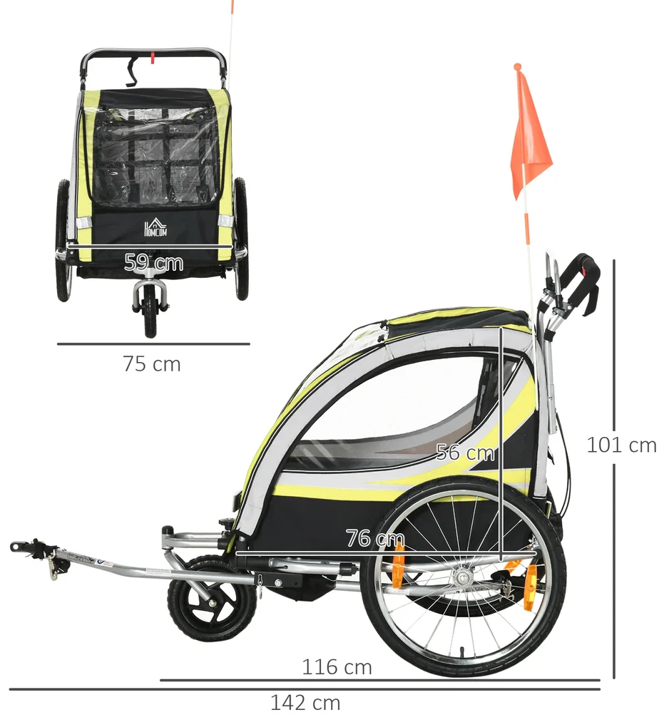 HOMCOM Remorca pentru bicicleta pentru copii 2 in 1, centura in 5 puncte, geanta de depozitare, reflector, steag, galben | Aosom Romania