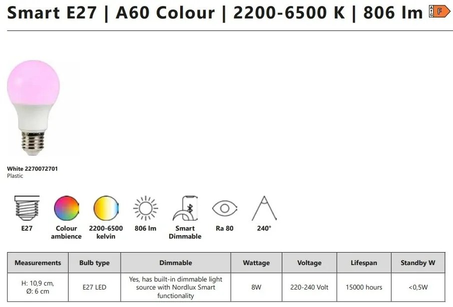 Bec Smart LED RGB E27 A60 8W 2200-6500K 806Lm White