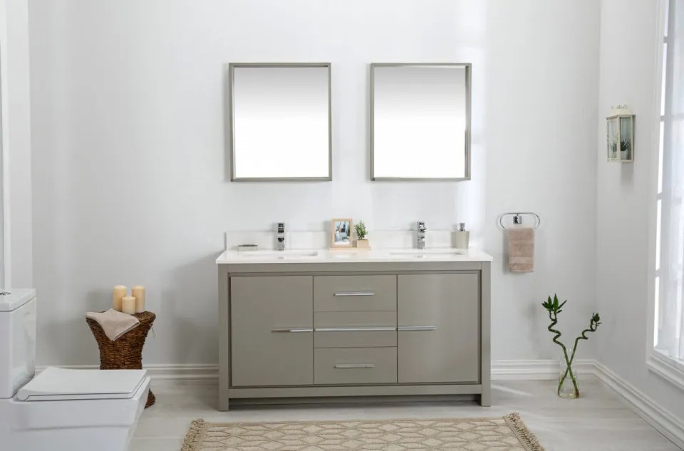 Set Mobilier Baie Superior 60, Include Dulap Baza cu Lavoar Dublu și 2 Oglinzi, 150 cm, Gri