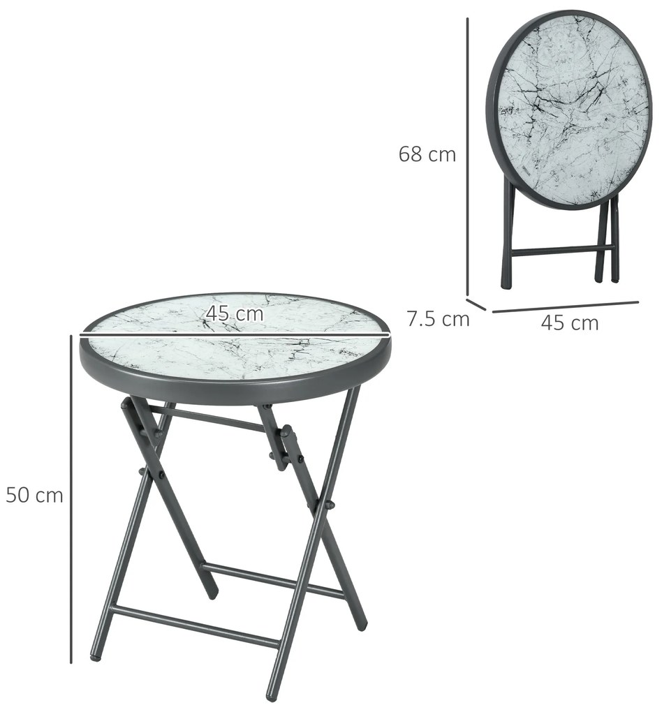 Outsunny Masă Rotundă Pliabilă cu Blat din Sticlă din Imitație de Marmură, Măsuță Mică de Cafea pentru Exterior,  Φ45x50 cm, Alb | Aosom Romania