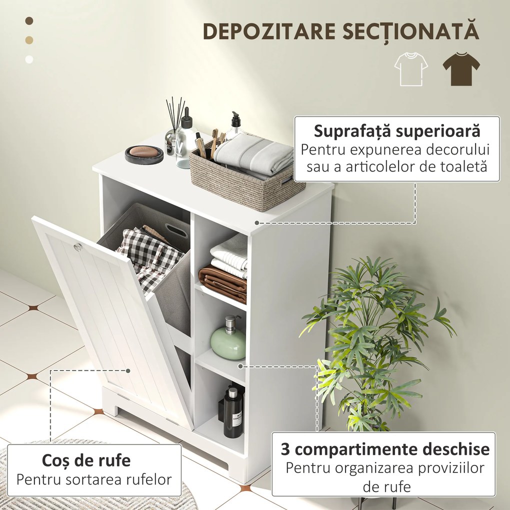 HOMCOM Dulap Modern pentru Rufe cu Coș Detașabil și Compartimente de Depozitare, 60x38x86 cm, Alb | Aosom Romania
