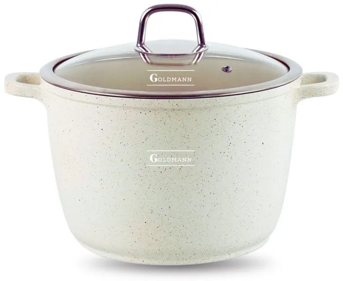 Oala adanca Goldmann GM-0624B, 24 cm, 6.2 l, Acoperire neaderenta din marmura, Capac cu deschidere, Inductie, Bej