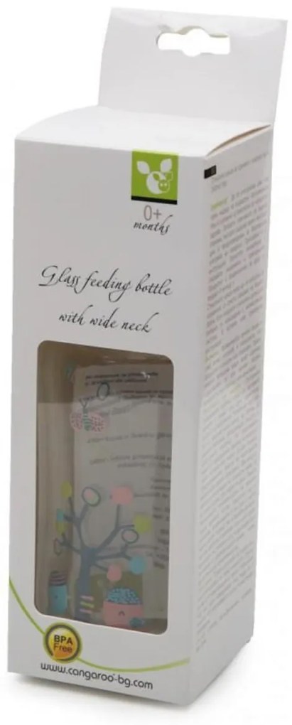Biberon din sticla cu capac Cangaroo™ Hello, 0 luni+, 240 ml, 8 masuri, sistem anti colici, tetina lapte, Alb