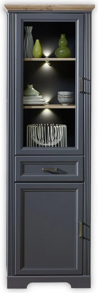 Vitrina JASMIN, gri grafit/stejar artisan, PAL/sticla, cu iluminare LE