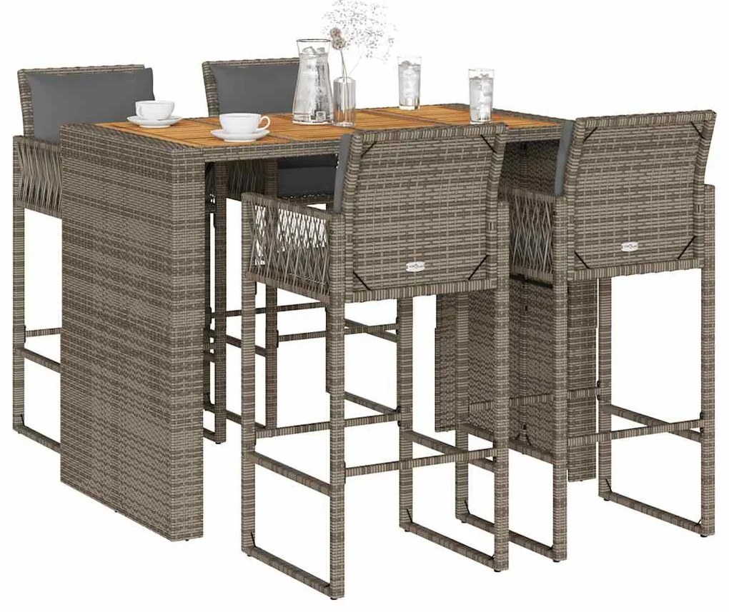 vidaXL Set mobilier bar de grădină, cu perne, 5 piese, gri, poliratan
