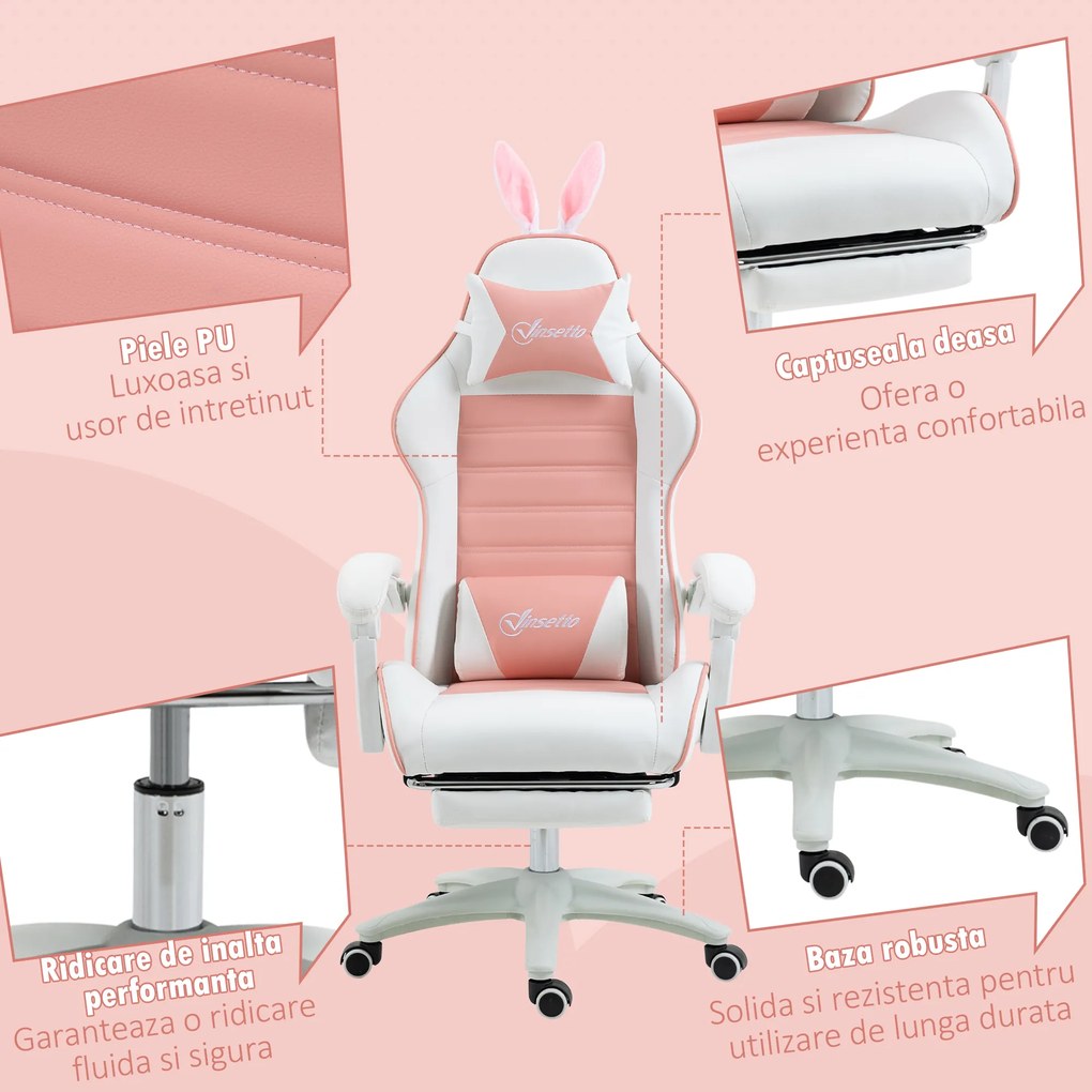 Vinsetto Scaun de Gaming Ergonomic cu Urechi de Iepure și Suport pentru Picioare Extensibil, 65x63x136-142 cm, Roz | Aosom Romania