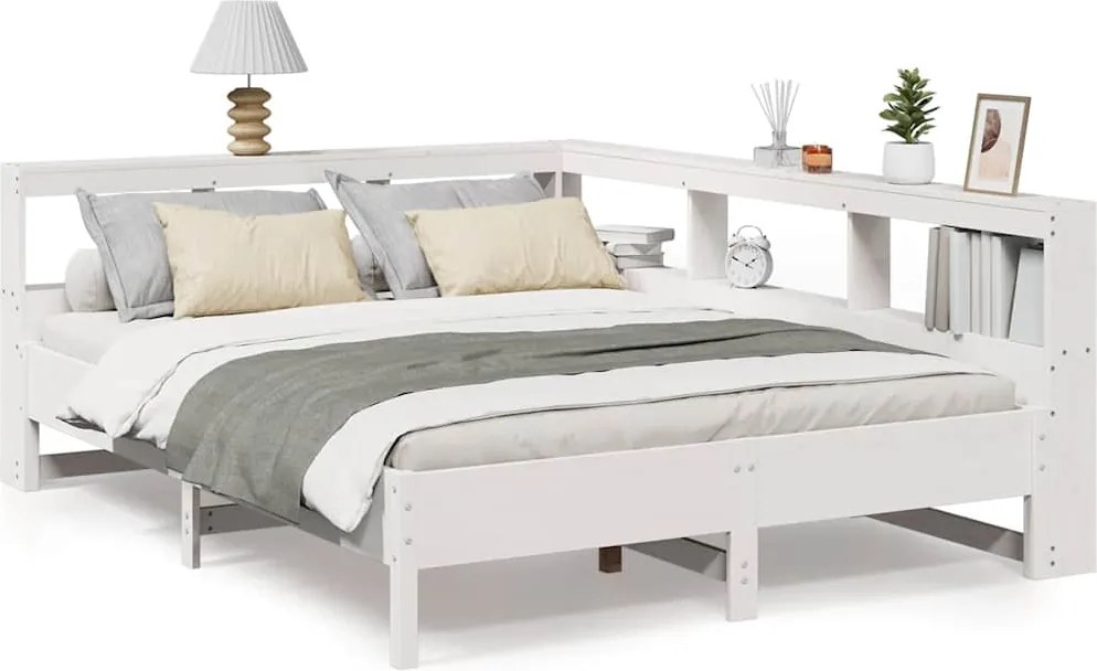 vidaXL Pat cu bibliotecă fără saltea, alb, 135x190 cm, lemn masiv pin