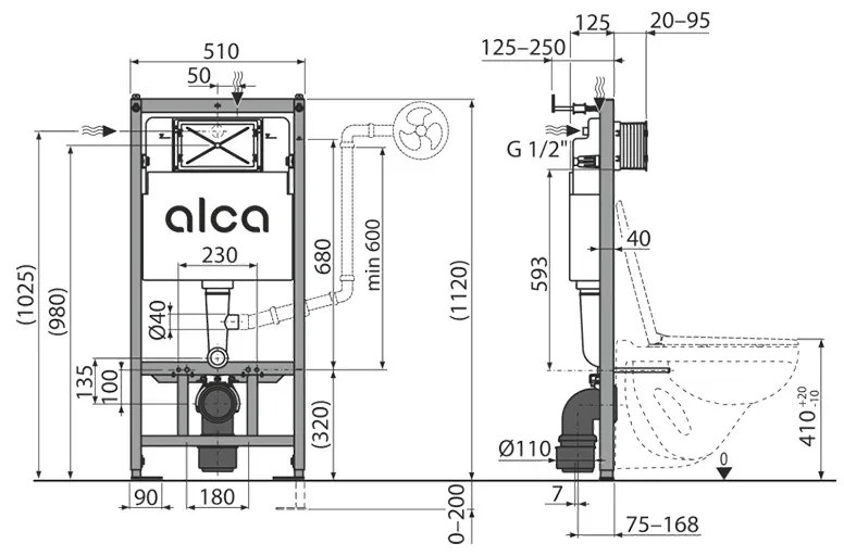 Set ramă de montaj cu rezervor și clapetă de acționare negru mat, Alcadrain și vas WC suspendat Fluminia, Paris