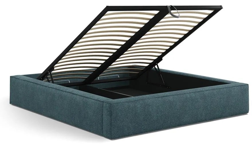 Pat matrimonial albastru tapițat cu spațiu de depozitare cu somieră 160x200 cm Simon Darren – Micadoni