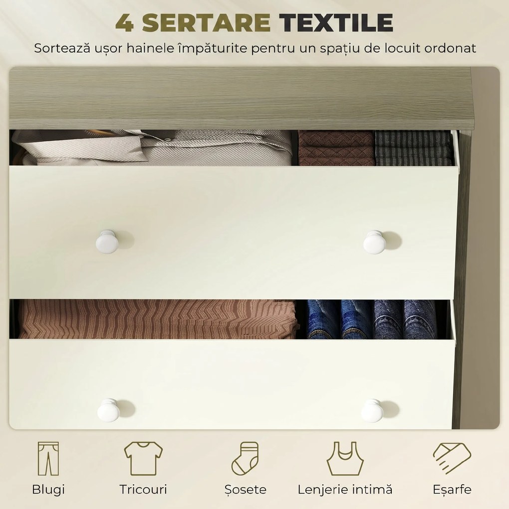 HOMCOM Comodă Modernă cu 4 Sertare Pliabile 58x30x91 cm, Alb și Gri | Aosom Romania