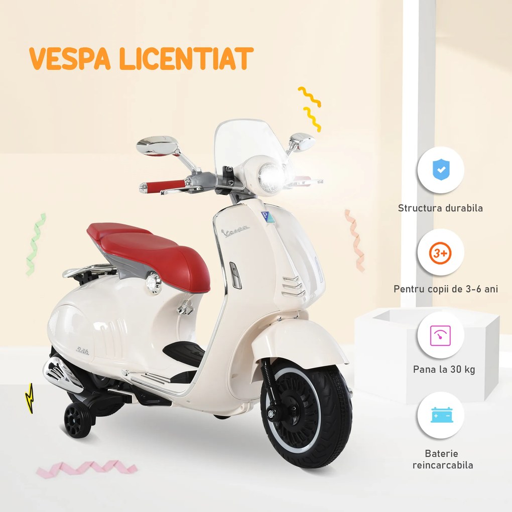 HOMCOM Motocicleta Jucarie cu Licenta Oficiala Vespa, pentru Copii 3+ Ani, cu 2 Roti Suplimentare, Lumini si Sunete, 108x49x75cm Roz | Aosom Romania