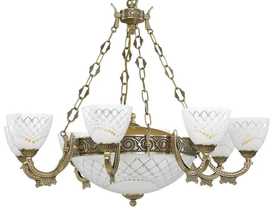 Candelabru cu 8 brate clasic design italian din alama, sticla 7052 RA-L. 7052/8+3