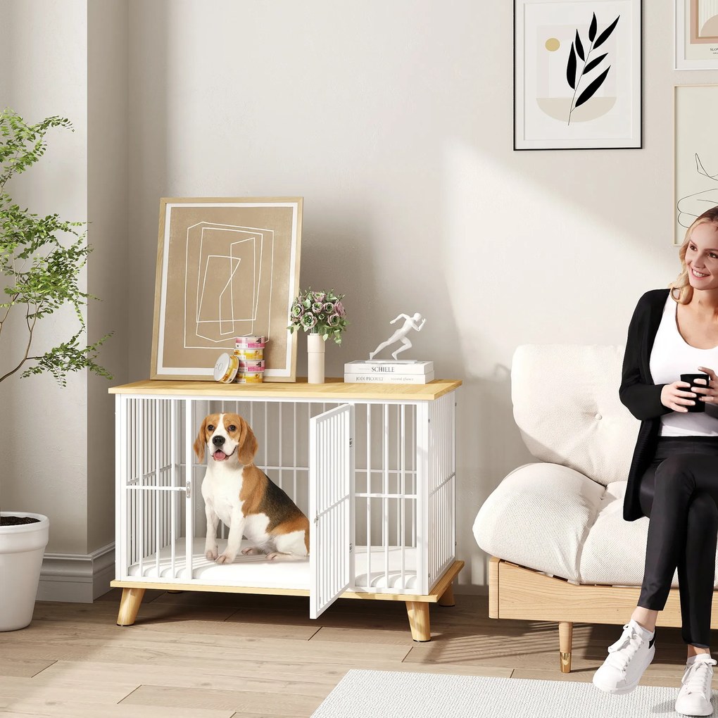 PawHut Cușcă pentru câini cu ușă cu închidere, pernă detașabilă, bună ventilație, oțel, 86x60x70 cm, Alb+Gri | Aosom Romania