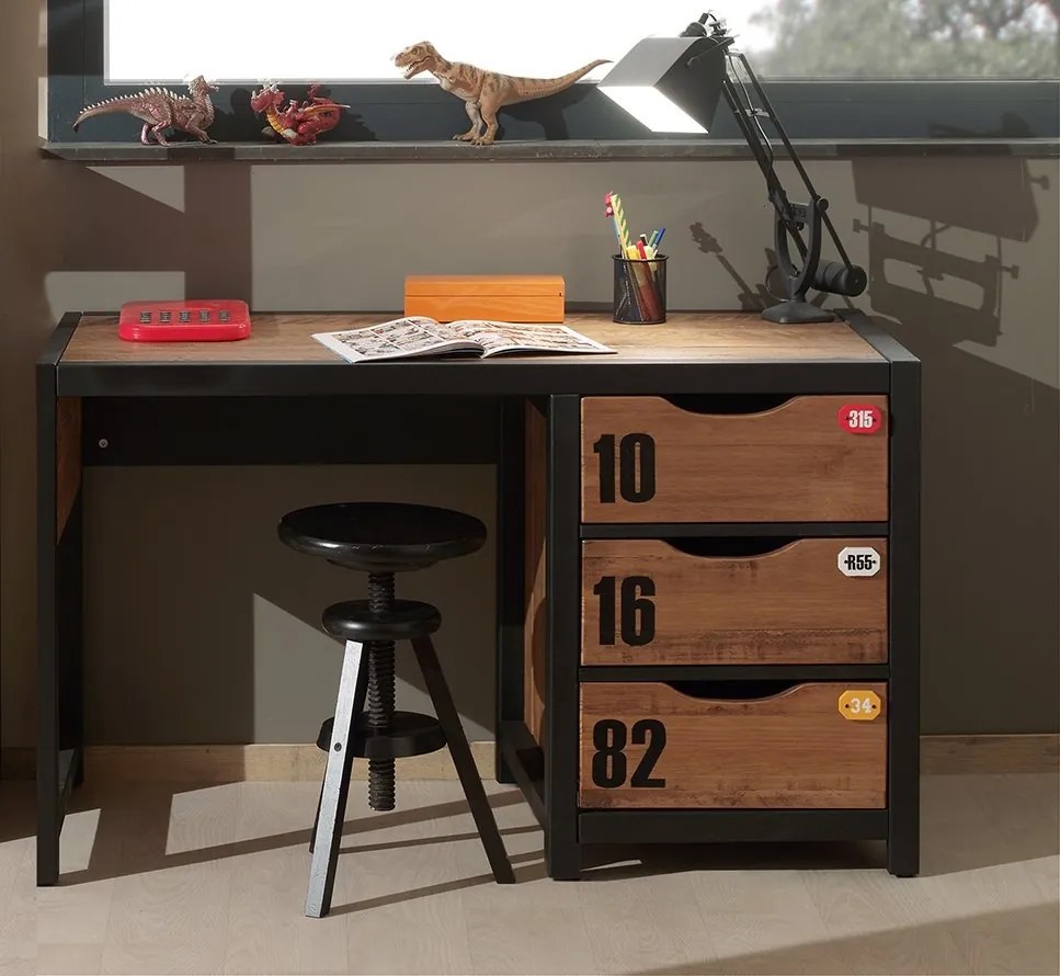 Set Birou și Bibliotecă Copii ALEX, Pin Masiv, Design Industrial – Vipack