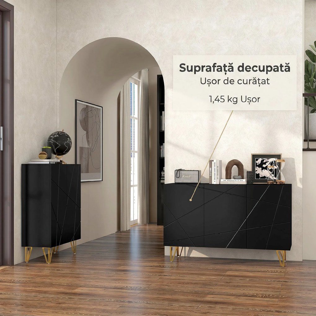 HOMCOM Dulap de Depozitare cu 2 Dulapuri și Raft Reglabil pe 3 Niveluri, Bufet Modern din PAL și Metal, 120x40x75 cm, Negru și Auriu | Aosom Romania