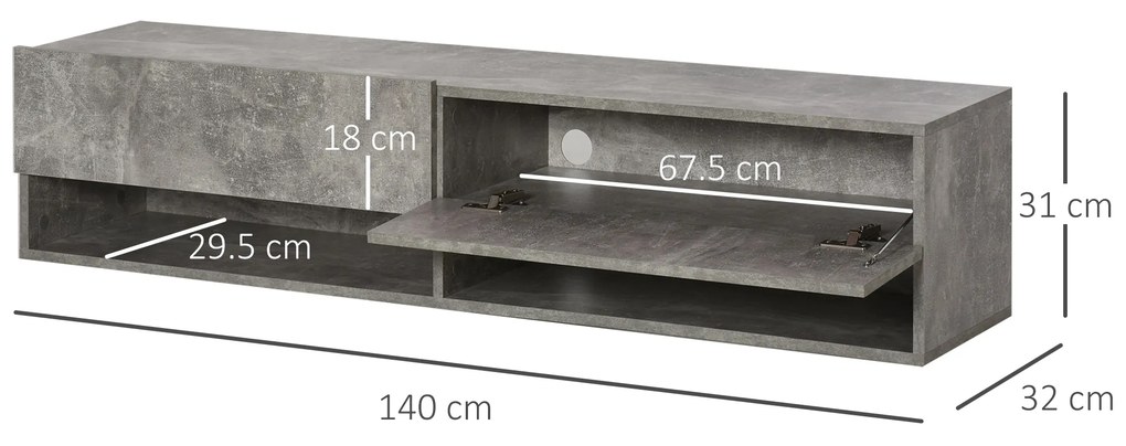 Suport TV Suspendat HOMCOM cu 4 Compartimente, 2 Usi Rabatabile, pentru TV de pana la 60" si Orificii pentru Cabluri, Gri, 140x32x31cm | Aosom Romania