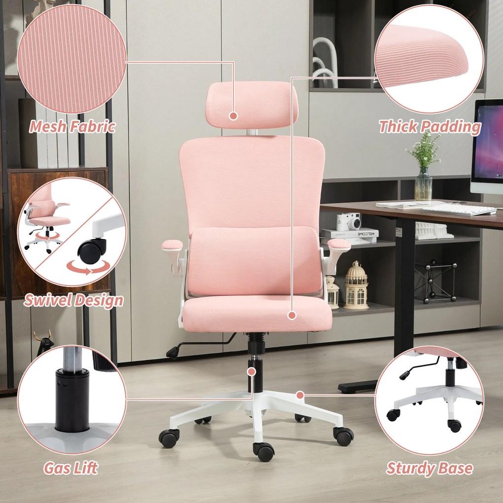 Vinsetto Scaun de Birou Ergonomic cu Tetieră Detașabilă Roz | Aosom Romania