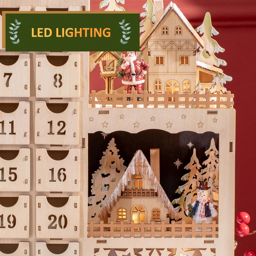 Calendar Advent de Craciun din lemn, cu lumini LED, pentru copii si adulti, natural HOMCOM | Aosom Romania