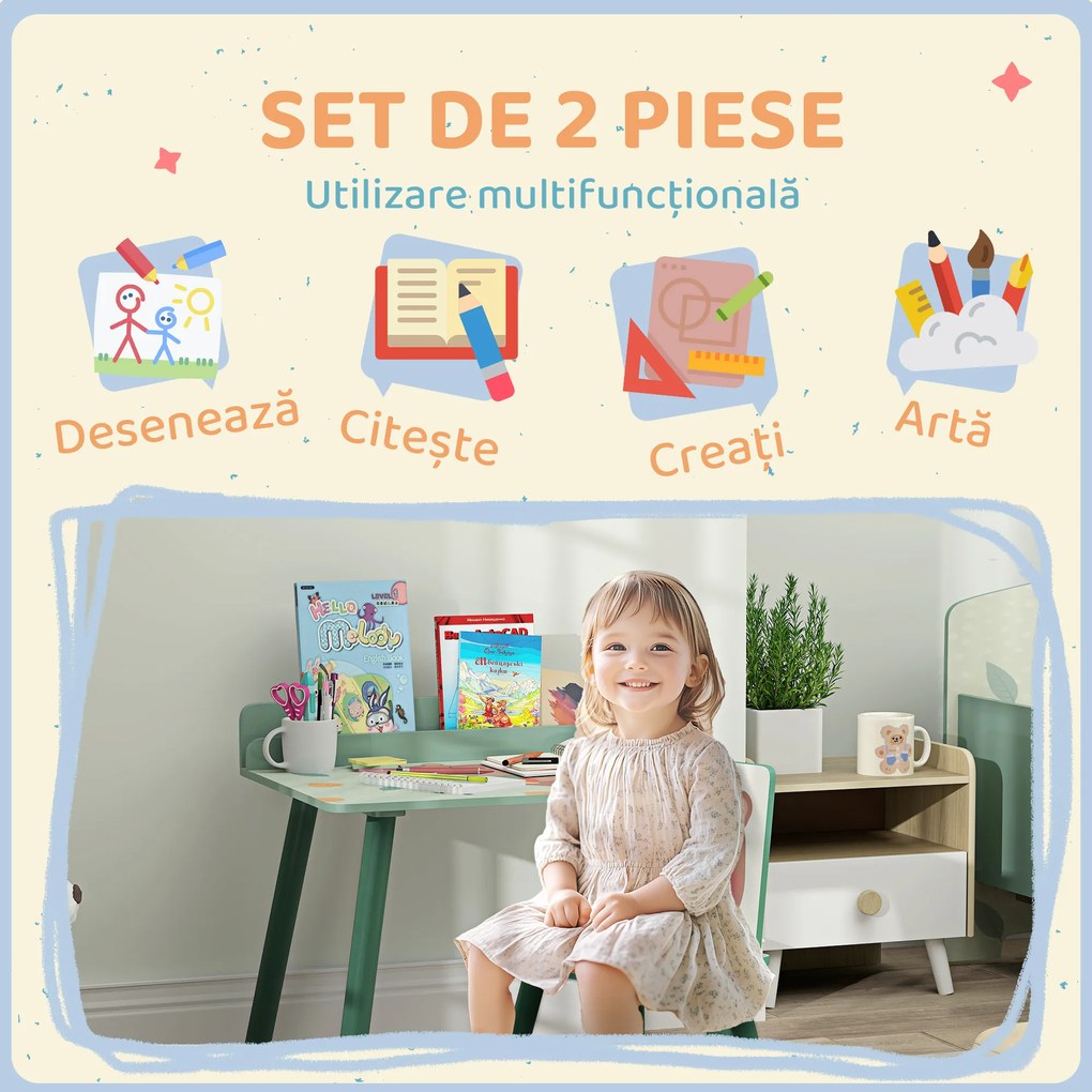 AIYAPLAY Birou Copii cu Raft pentru Depozitare din MDF și Lemn de Pin, cu Masă și Scaun, 60x48x53.5 cm, Verde | Aosom Romania