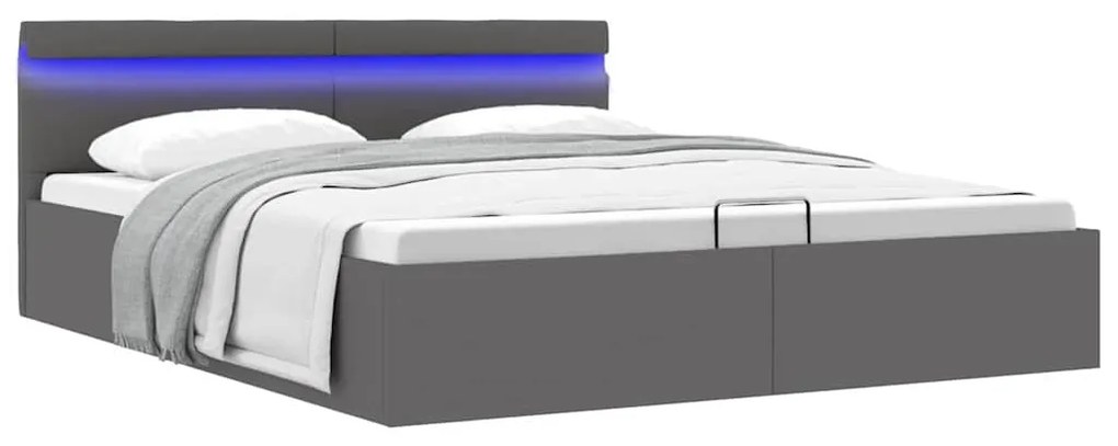 vidaXL Cadru pat hidraulic, depozitare, LED, gri, 160x200 cm piele eco