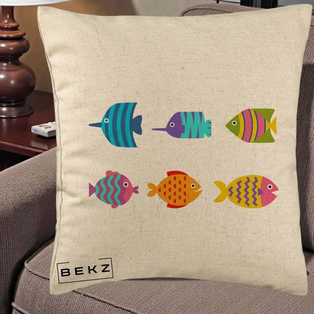 Perna Decorativa Pesti Colorati Cartoon, 40x40 cm, Bej, Husa Detasabila, Perna Inclusa, BEKZ®