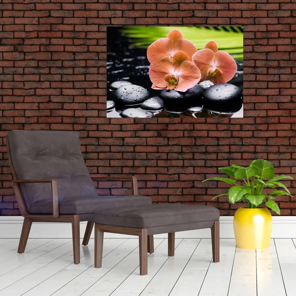 Tablou - Orhidee portocalie cu frunze de palmier (90x60 cm)