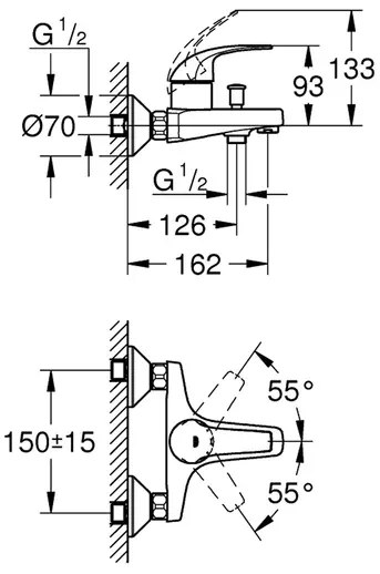 Baterie cada-dus monocomanda Grohe Baucurve crom lucios