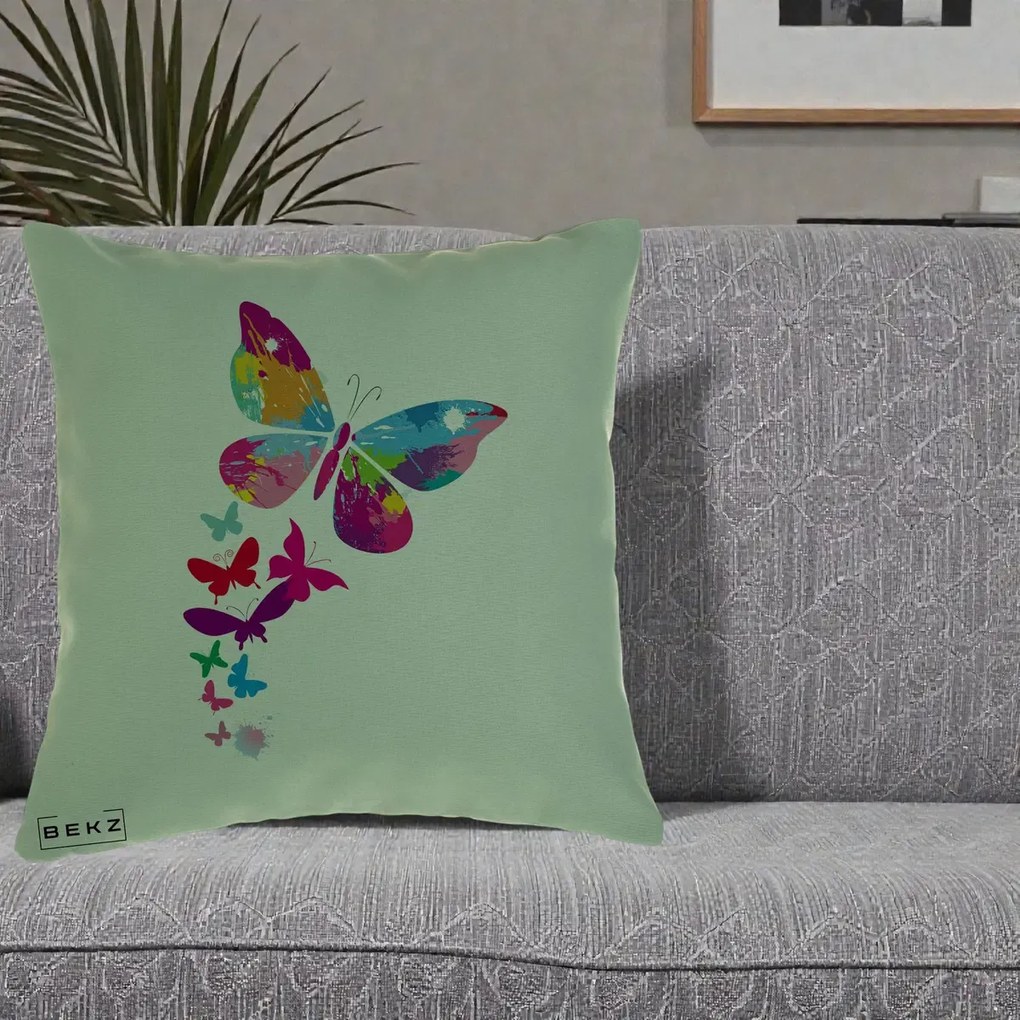 Perna Decorativa Fluturi Splash, 40x40 cm, Verde, Husa Detasabila, Perna Inclusa, BEKZ®