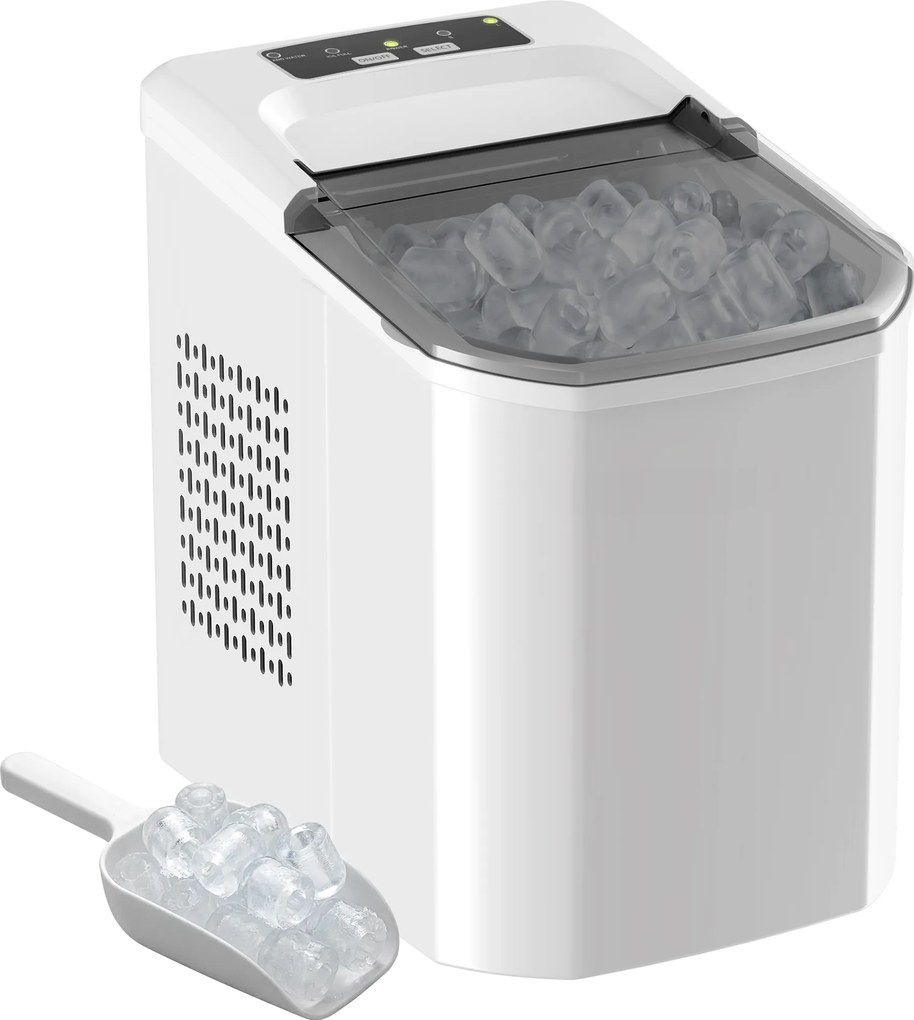 HOMCOM Mașină de Gheață cu Curățare Automată 12 kg/24H 9 Cuburi Gata în 7 Minute 2 Mărimi de Gheață 1,5L Rezervor Alb | Aosom Romania