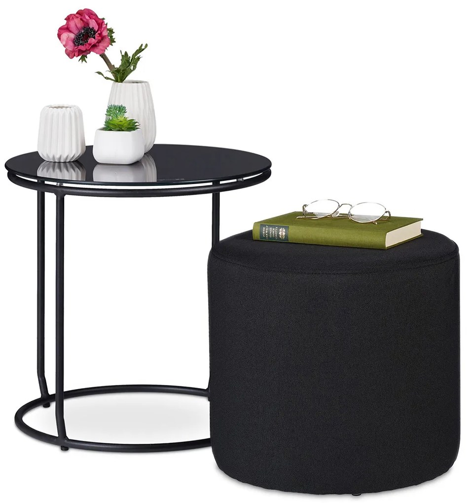 Masuta  rotunda  pentru cafea cu taburet  tapitat inclus Cadru metal Blat sticla Negru  H 40 cm