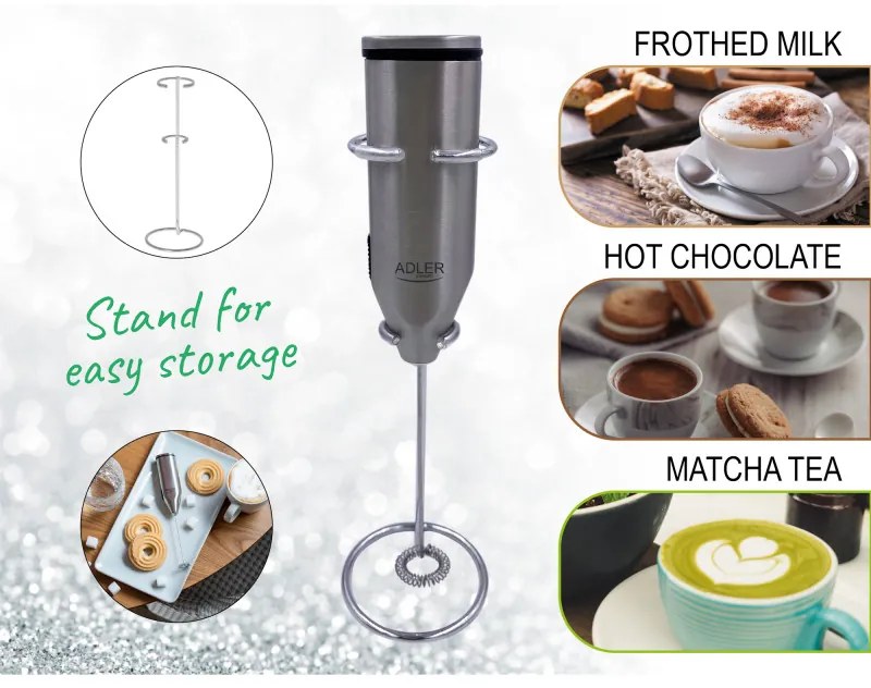 Mixer Frappe Adler AD 4500, Agitator și corp din oțel inoxidabil, 2xAA, Argintiu