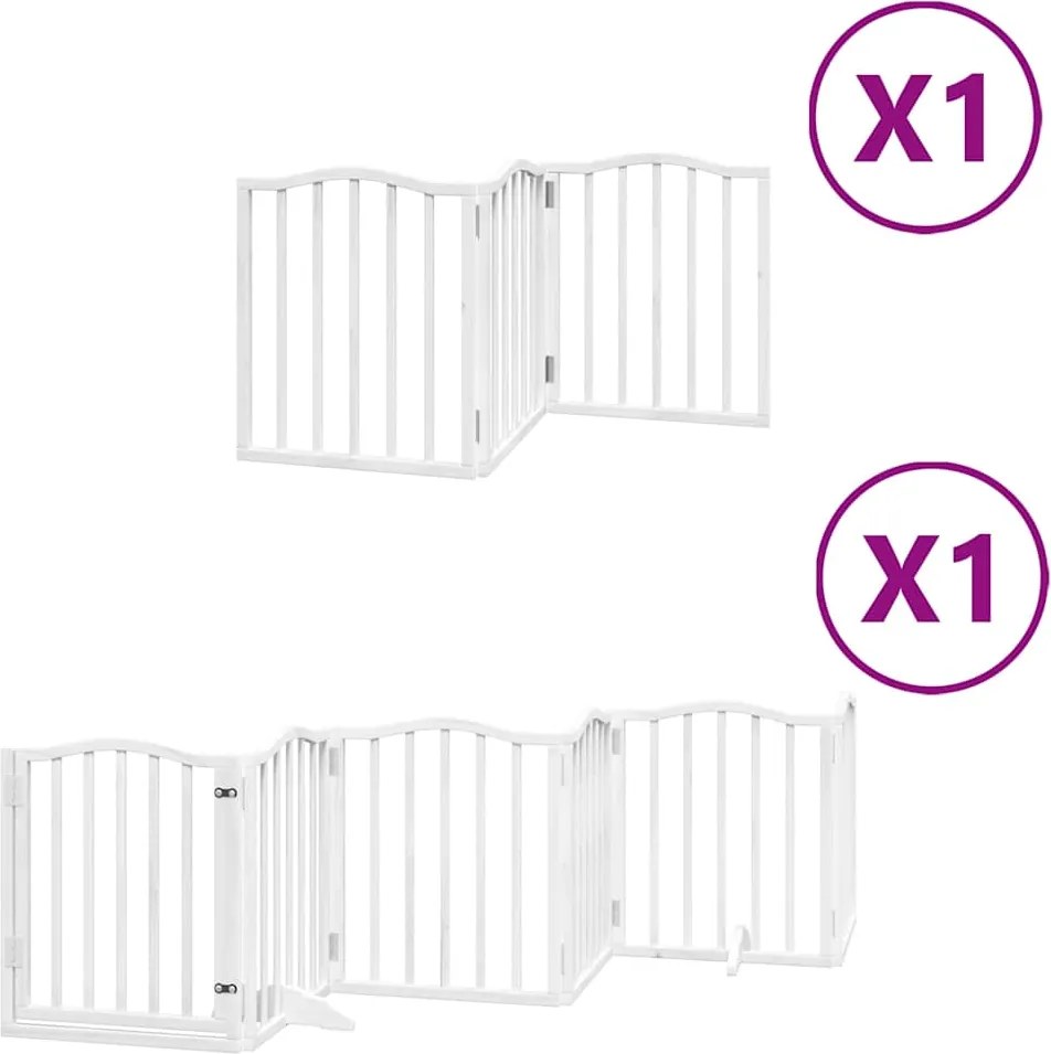 vidaXL Poartă câini pliabilă cu ușă, 9 panouri, alb, 450 cm, lemn plop