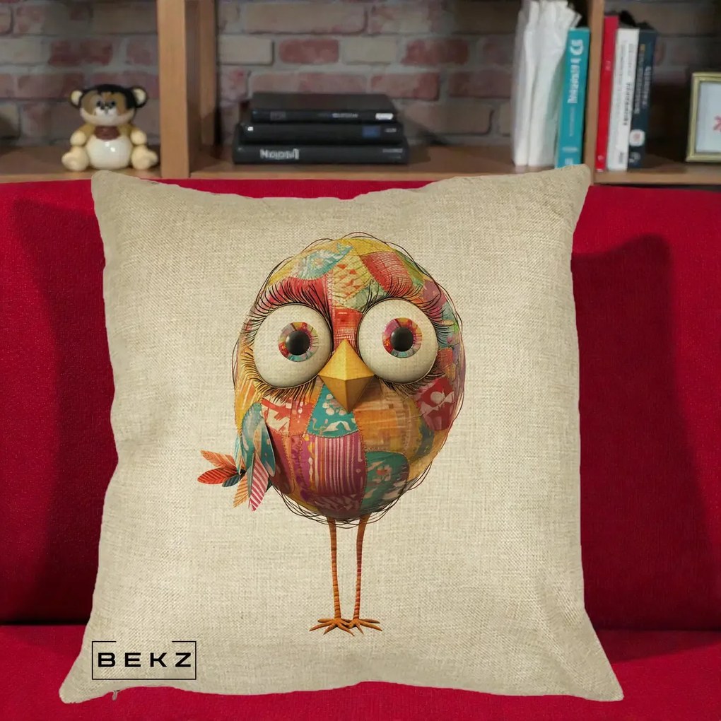 Perna Decorativa Pasare Patchwork cu Gene Lungi, 40x40 cm, Crem, Husa Detasabila, Perna Inclusa, BEKZ®