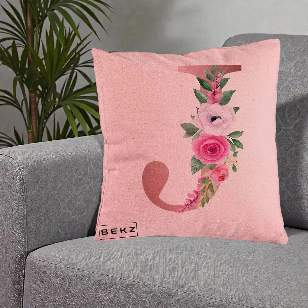 Cadou Personalizat - Perna Personalizata Monograma Rose Gold Litera J, 40x40 cm, Roz, Husa Detasabila, Perna Inclusa, BEKZ®