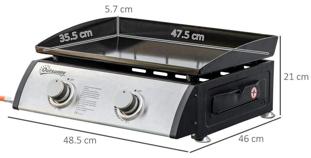 Gratar cu gaz si 2 arzatoare Outsunny, picioare reglabile, 6kW, 48.5x46x21cm, negru | Aosom Romania