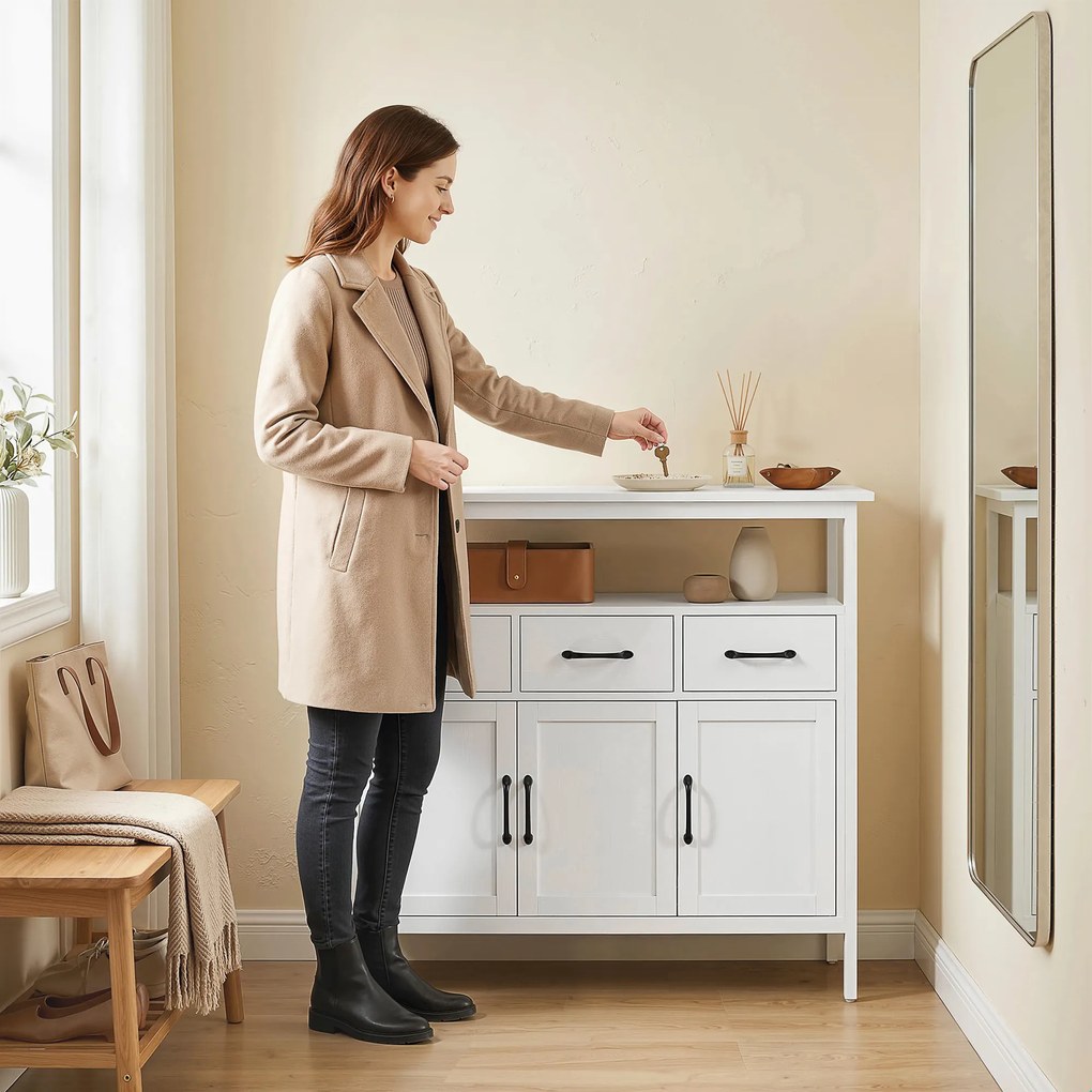 HOMCOM Bufet bucătărie, mobilier de depozitare, 3 uși, 3 sertare, compartiment deschis și rafturi reglabile, 95x35x88cm, alb | Aosom Romania